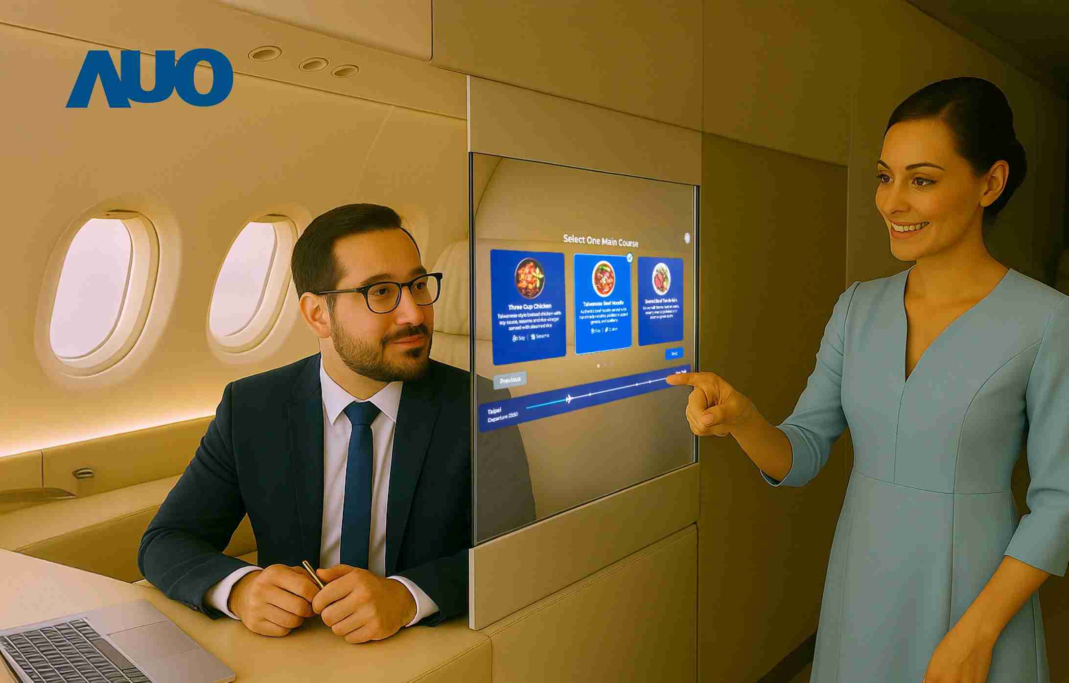 28国际研发全球最薄17.3 吋双面透明 Micro LED 显示器，，，可在同一屏幕之双边投射不同信息，，，，创造独特的”透明化”互动；图为实时翻译交流应用情境